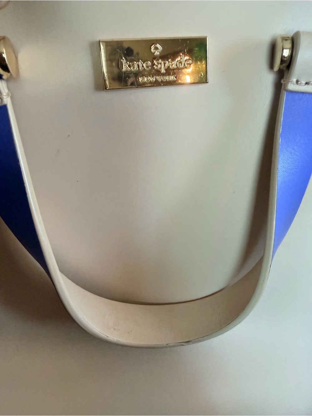 kate spade Cream and Blue Leather Tote with Gold Plaque